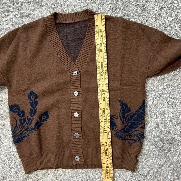 Phoenix Bird Cardigan Button Down XL Sweater Blue Brown Boxy Indie Hipster Boho - Picture 6 of 7